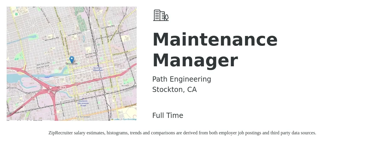 Path Engineering job posting for a Maintenance Manager in Stockton, CA with a salary of $25 to $42 Hourly with a map of Stockton location.