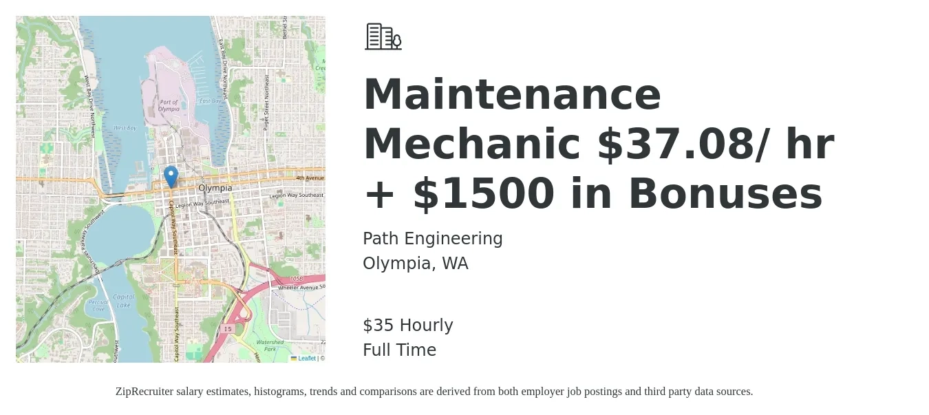 Path Engineering job posting for a Maintenance Mechanic $37.08/ hr + $1500 in Bonuses in Olympia, WA with a salary of $37 Hourly with a map of Olympia location.
