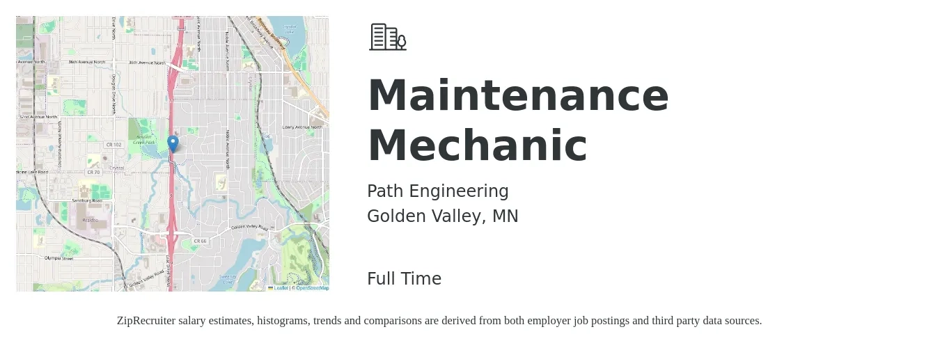 Path Engineering job posting for a Maintenance Mechanic in Golden Valley, MN with a salary of $26 to $33 Hourly with a map of Golden Valley location.