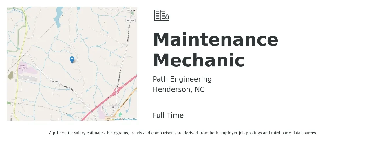 Path Engineering job posting for a Maintenance Mechanic in Henderson, NC with a salary of $24 to $30 Hourly with a map of Henderson location.