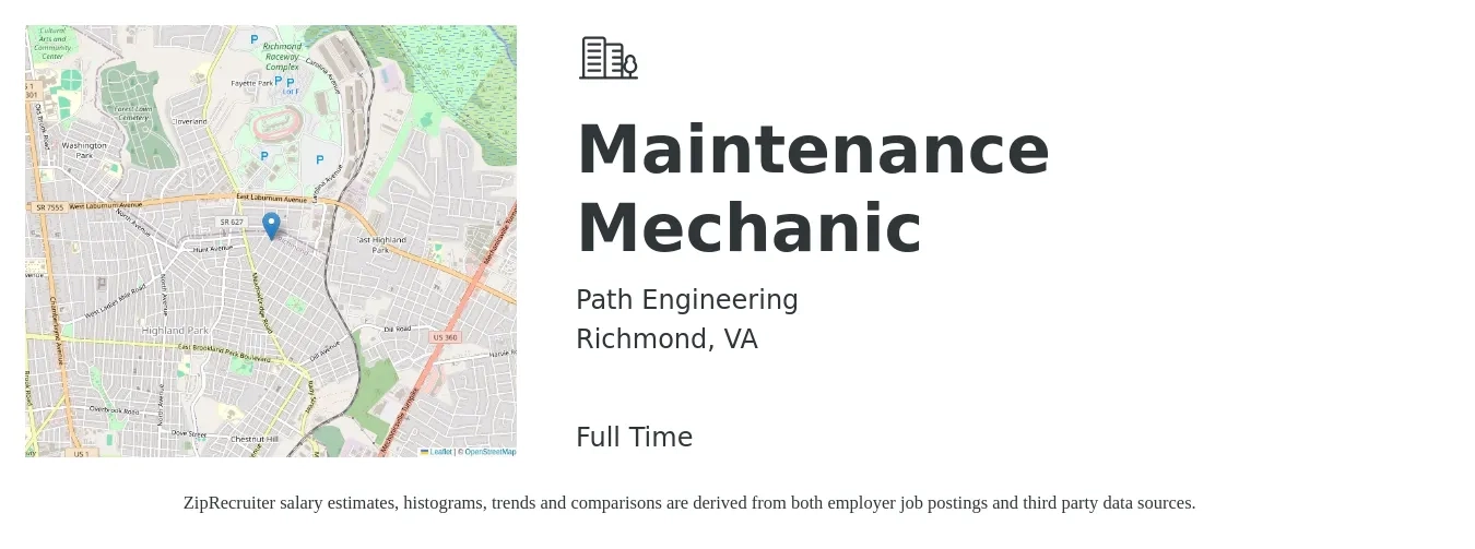 Path Engineering job posting for a Maintenance Mechanic in Richmond, VA with a salary of $25 to $32 Hourly with a map of Richmond location.