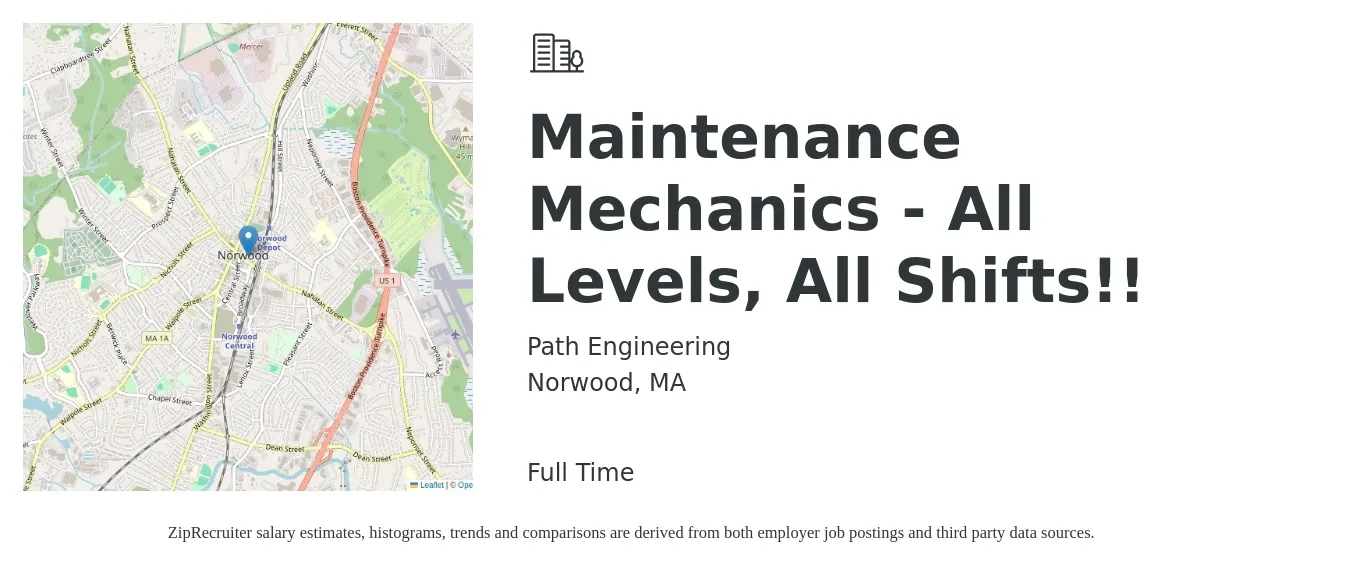 Path Engineering job posting for a Maintenance Mechanics - All Levels, All Shifts!! in Norwood, MA with a salary of $28 to $36 Hourly with a map of Norwood location.