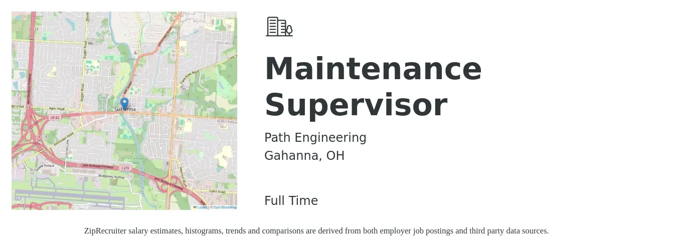 Path Engineering job posting for a Maintenance Supervisor in Gahanna, OH with a salary of $22 to $38 Hourly with a map of Gahanna location.