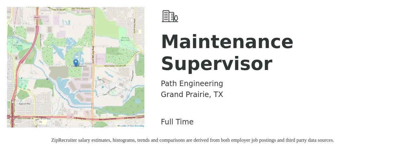 Path Engineering job posting for a Maintenance Supervisor in Grand Prairie, TX with a salary of $23 to $38 Hourly with a map of Grand Prairie location.
