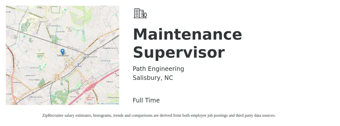 Path Engineering job posting for a Maintenance Supervisor in Salisbury, NC with a salary of $22 to $36 Hourly with a map of Salisbury location.