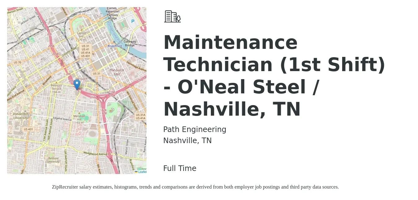 Path Engineering job posting for a Maintenance Technician (1st Shift) - O'Neal Steel / Nashville, TN in Nashville, TN with a salary of $18 to $26 Hourly with a map of Nashville location.