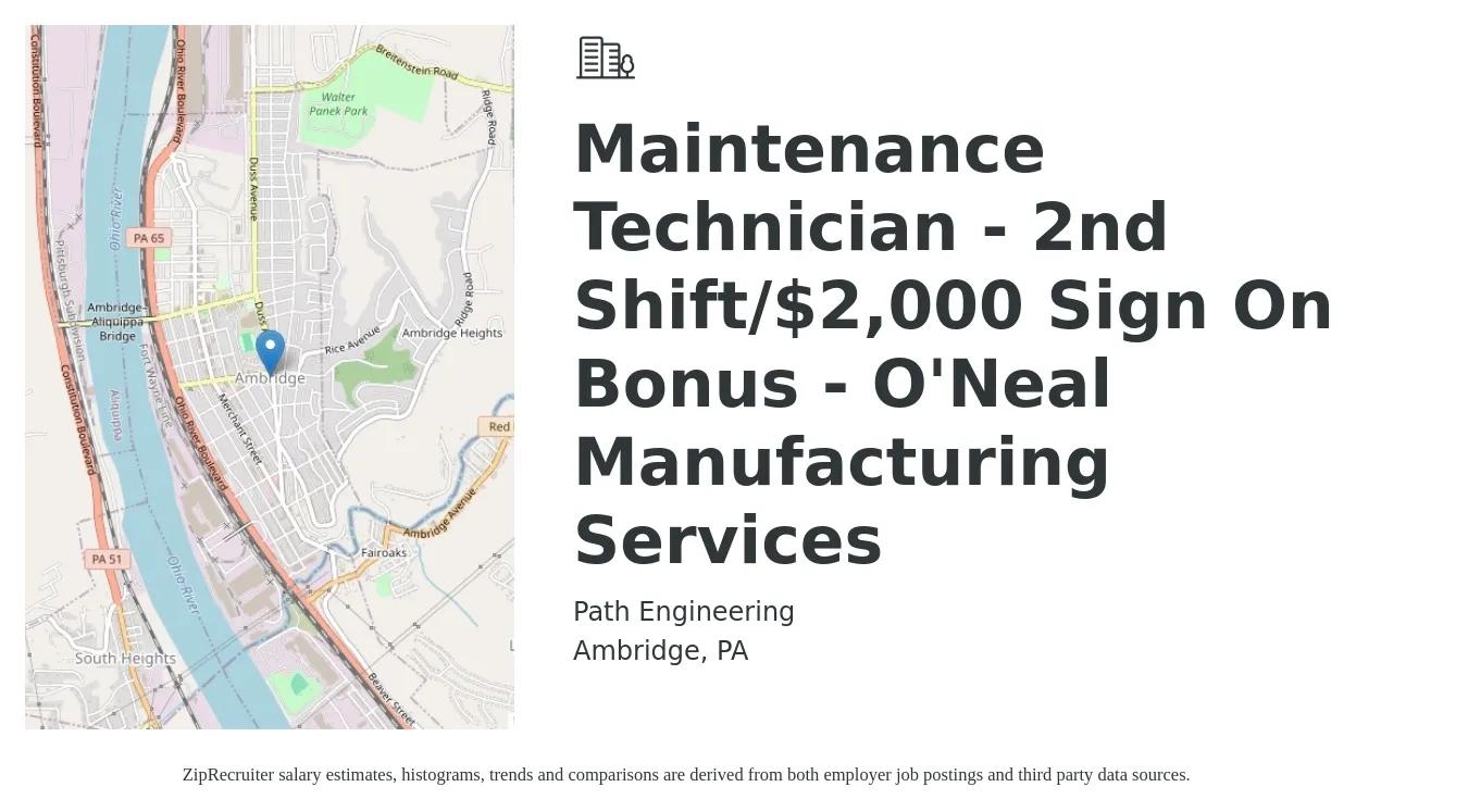 Path Engineering job posting for a Maintenance Technician - 2nd Shift/$2,000 Sign On Bonus - O'Neal Manufacturing Services in Ambridge, PA with a salary of $20 to $28 Hourly with a map of Ambridge location.