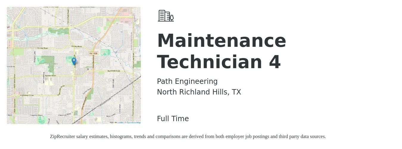 Path Engineering job posting for a Maintenance Technician 4 in North Richland Hills, TX with a salary of $37 Hourly with a map of North Richland Hills location.