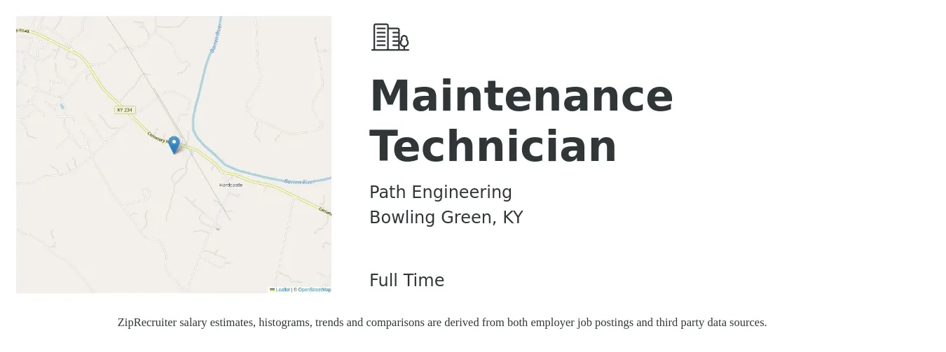 Path Engineering job posting for a Maintenance Technician in Bowling Green, KY with a salary of $19 to $26 Hourly with a map of Bowling Green location.