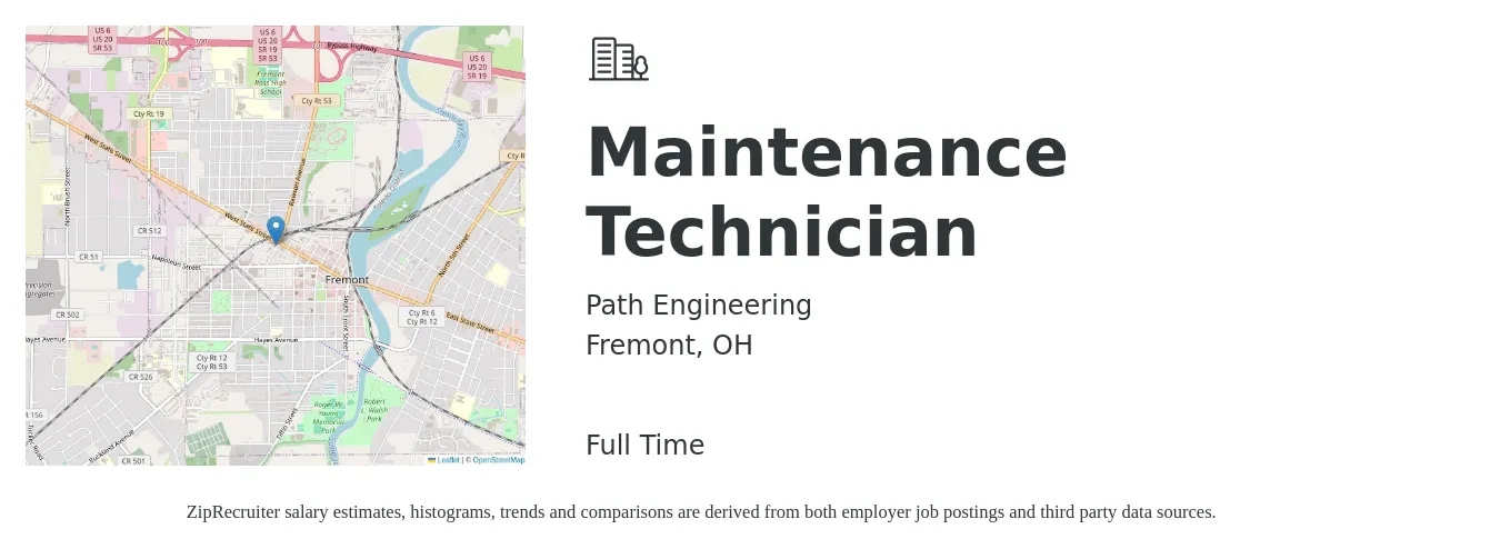 Path Engineering job posting for a Maintenance Technician in Fremont, OH with a salary of $18 to $26 Hourly with a map of Fremont location.