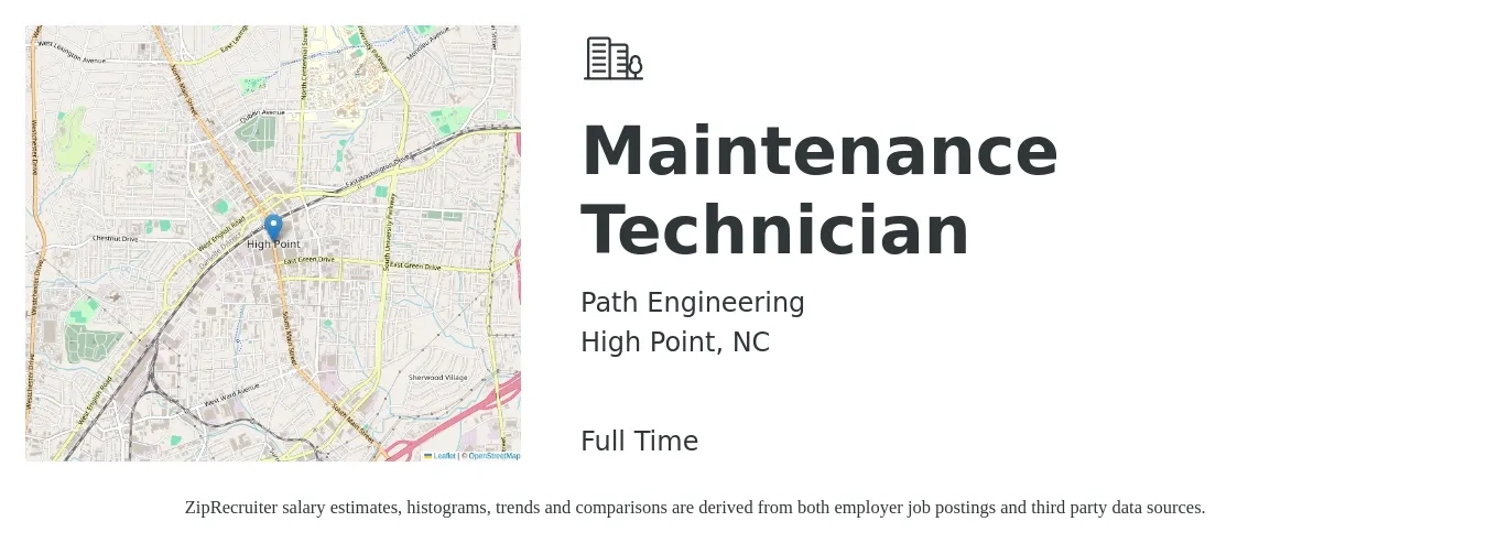 Path Engineering job posting for a Maintenance Technician in High Point, NC with a salary of $17 to $24 Hourly with a map of High Point location.