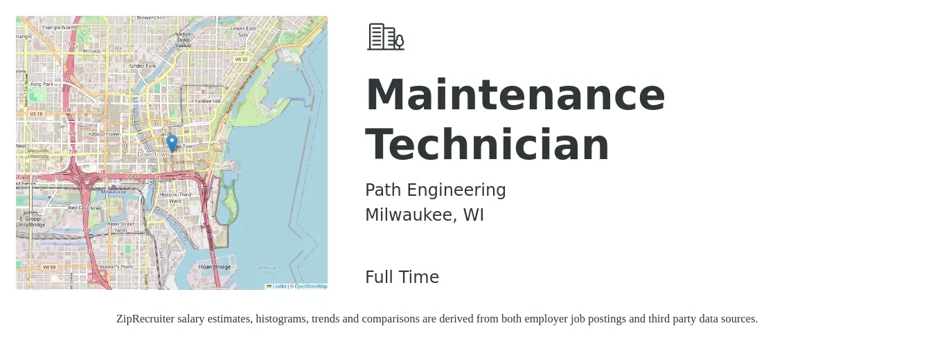Path Engineering job posting for a Maintenance Technician in Milwaukee, WI with a salary of $19 to $26 Hourly with a map of Milwaukee location.