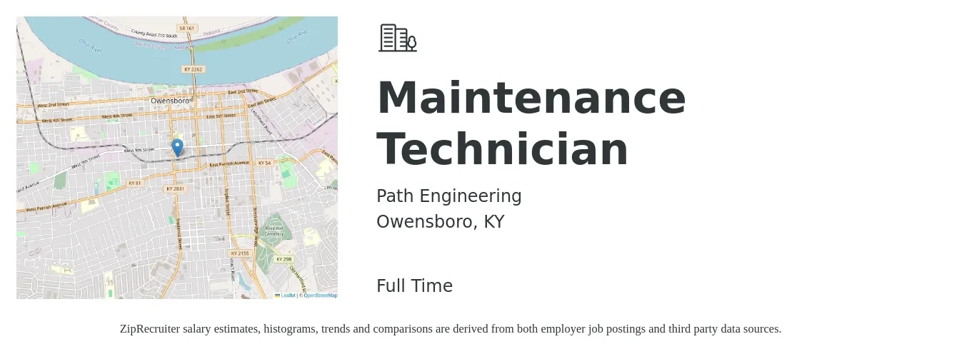 Path Engineering job posting for a Maintenance Technician in Owensboro, KY with a salary of $19 to $26 Hourly with a map of Owensboro location.