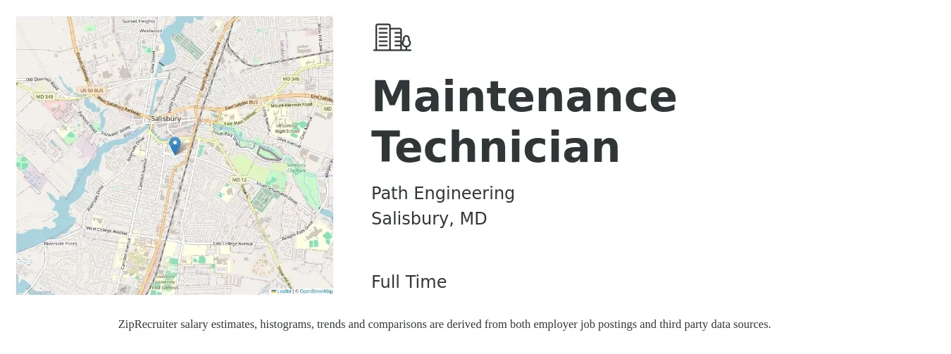 Path Engineering job posting for a Maintenance Technician in Salisbury, MD with a salary of $19 to $26 Hourly with a map of Salisbury location.