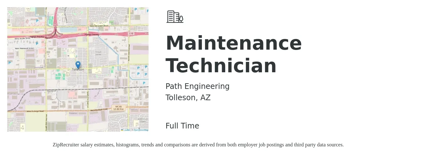Path Engineering job posting for a Maintenance Technician in Tolleson, AZ with a salary of $27 to $35 Hourly with a map of Tolleson location.