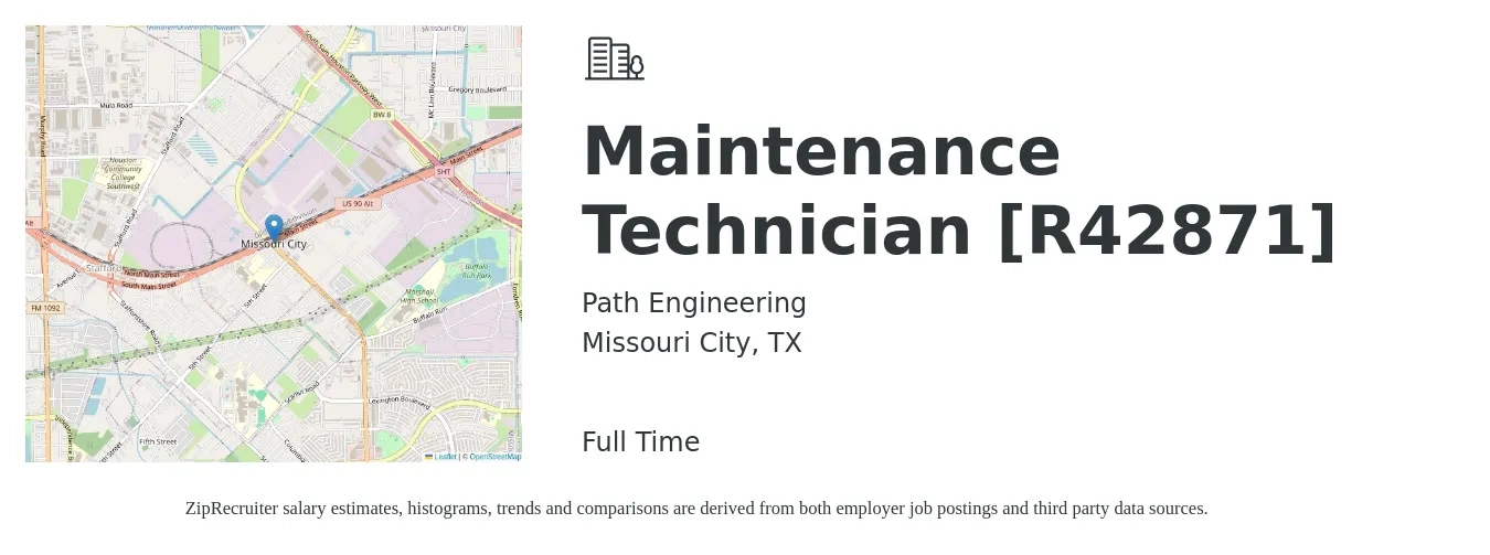 Path Engineering job posting for a Maintenance Technician [R42871] in Missouri City, TX with a salary of $17 to $24 Hourly with a map of Missouri City location.