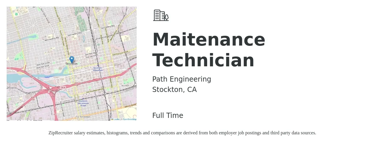 Path Engineering job posting for a Maitenance Technician in Stockton, CA with a salary of $25 to $33 Hourly with a map of Stockton location.