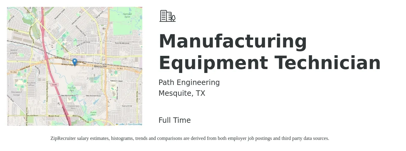 Path Engineering job posting for a Manufacturing Equipment Technician in Mesquite, TX with a salary of $19 to $27 Hourly with a map of Mesquite location.