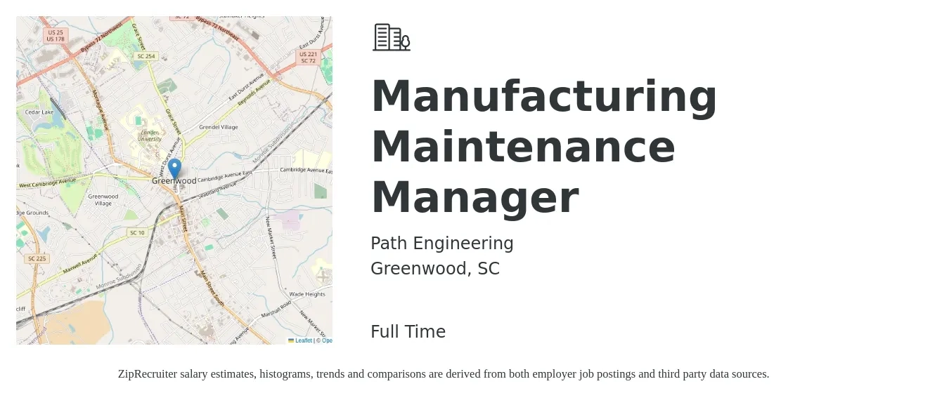 Path Engineering job posting for a Manufacturing Maintenance Manager in Greenwood, SC with a salary of $71,700 to $110,800 Yearly with a map of Greenwood location.