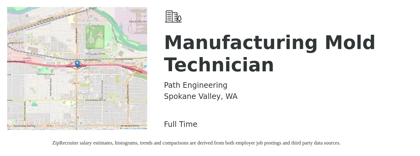 Path Engineering job posting for a Manufacturing Mold Technician in Spokane Valley, WA with a salary of $20 to $25 Hourly with a map of Spokane Valley location.