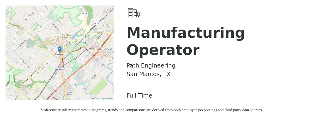 Path Engineering job posting for a Manufacturing Operator in San Marcos, TX with a salary of $16 to $19 Hourly with a map of San Marcos location.