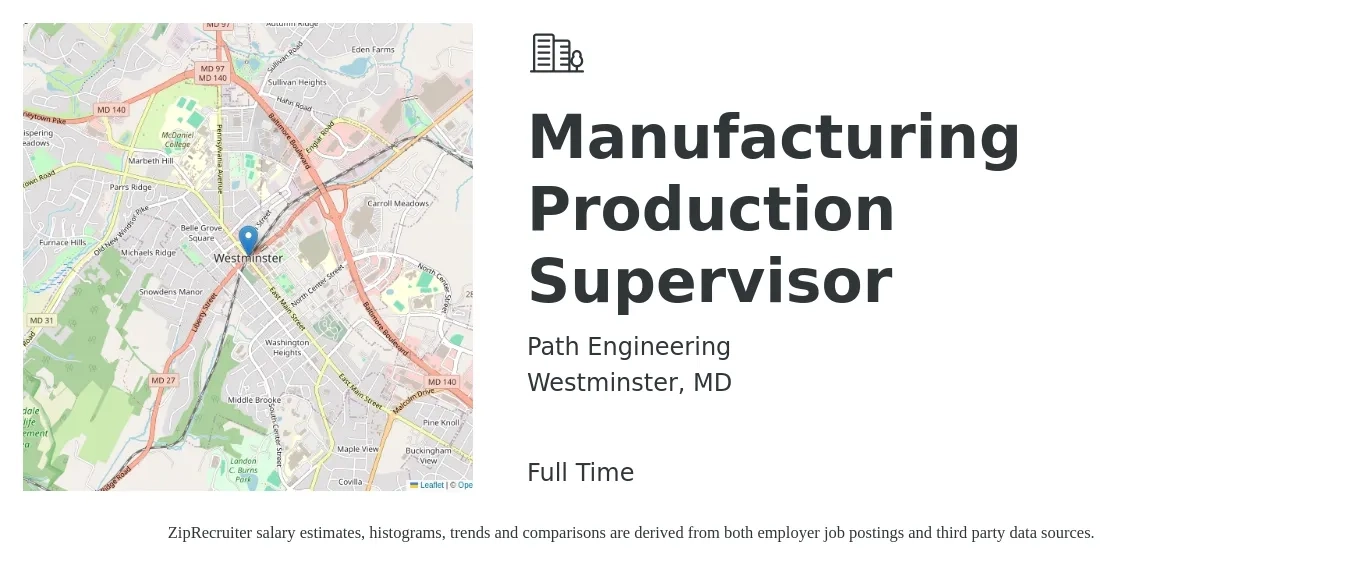 Path Engineering job posting for a Manufacturing Production Supervisor in Westminster, MD with a salary of $57,700 to $83,100 Yearly with a map of Westminster location.