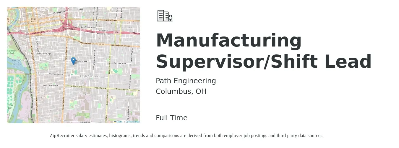 Path Engineering job posting for a Manufacturing Supervisor/Shift Lead in Columbus, OH with a salary of $20 Hourly with a map of Columbus location.