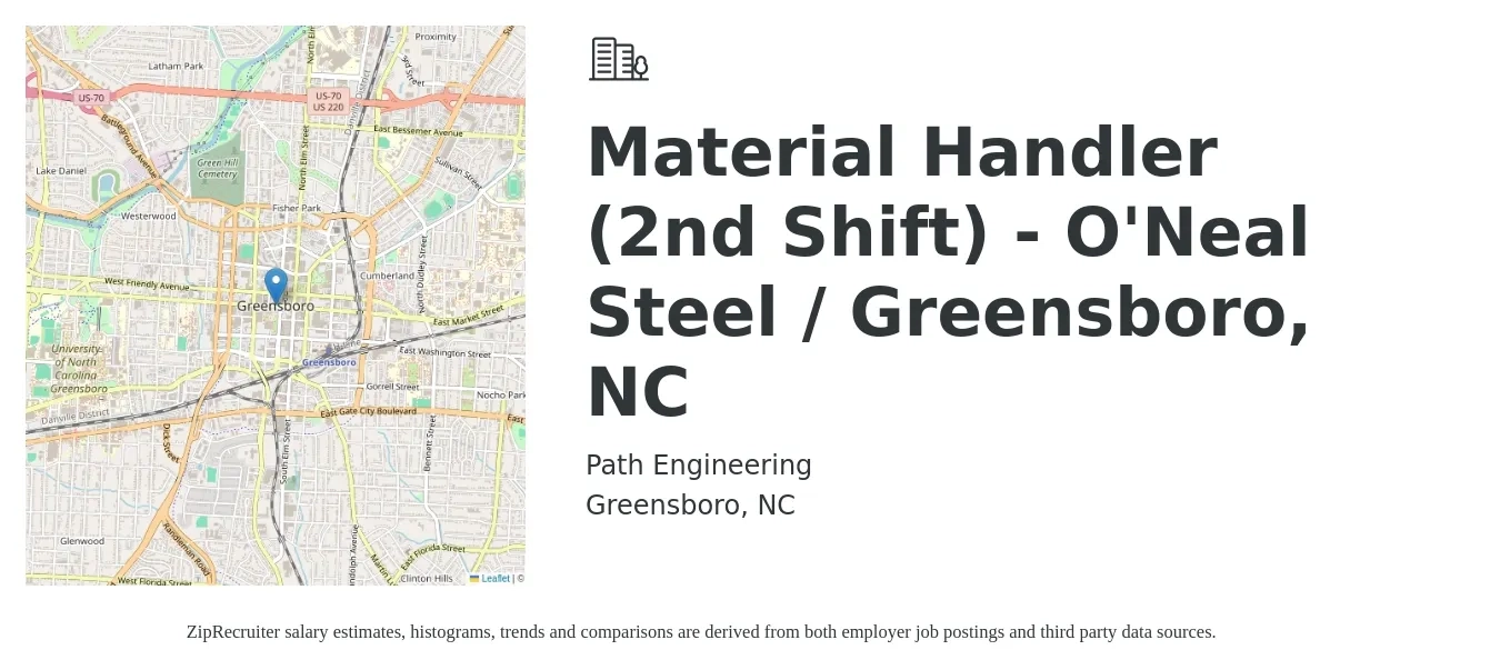 Path Engineering job posting for a Material Handler (2nd Shift) - O'Neal Steel / Greensboro, NC in Greensboro, NC with a salary of $16 to $20 Hourly with a map of Greensboro location.
