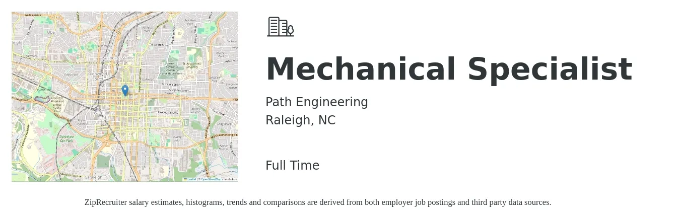 Path Engineering job posting for a Mechanical Specialist in Raleigh, NC with a salary of $55,400 to $75,800 Yearly with a map of Raleigh location.