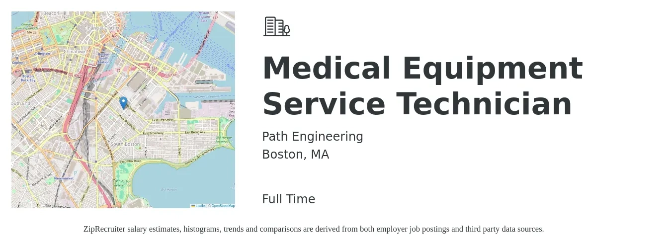 Path Engineering job posting for a Medical Equipment Service Technician in Boston, MA with a salary of $23 to $33 Hourly with a map of Boston location.