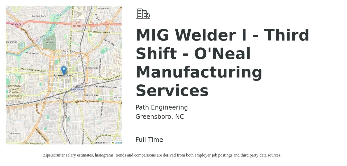 Path Engineering job posting for a MIG Welder I - Third Shift - O'Neal Manufacturing Services in Greensboro, NC with a salary of $18 to $22 Hourly with a map of Greensboro location.