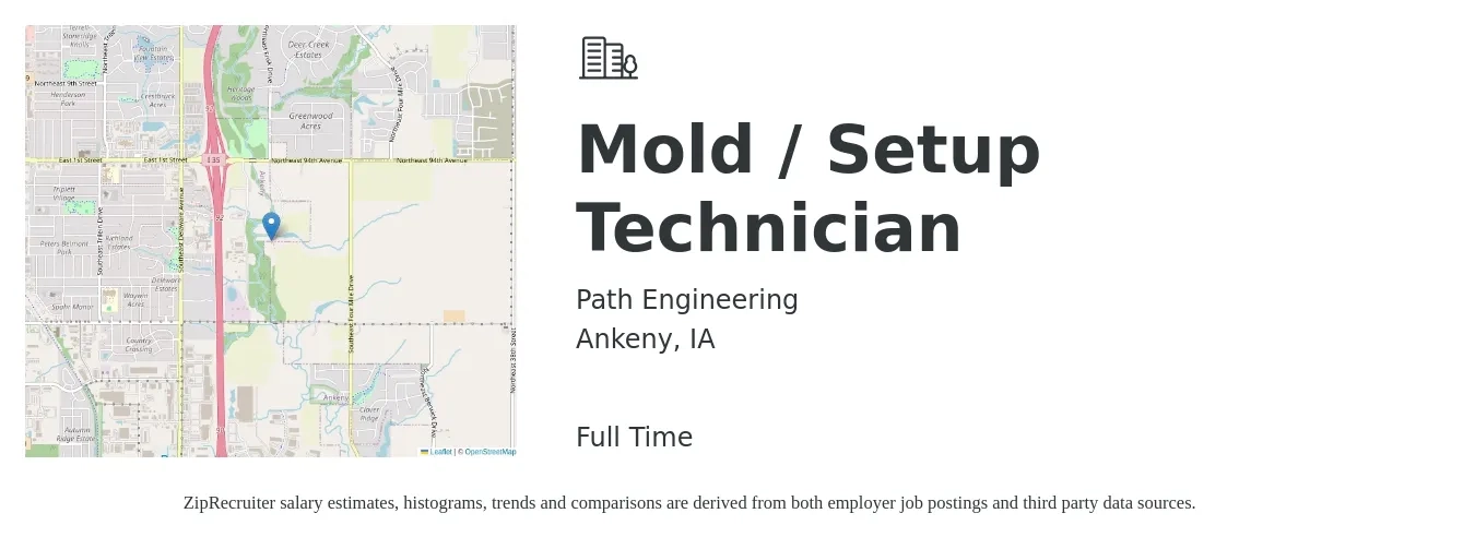 Path Engineering job posting for a Mold / Setup Technician in Ankeny, IA with a salary of $19 to $24 Hourly with a map of Ankeny location.