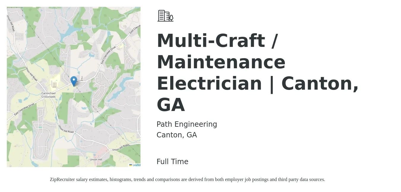 Path Engineering job posting for a Multi-Craft / Maintenance Electrician | Canton, GA in Canton, GA with a salary of $26 to $34 Hourly with a map of Canton location.