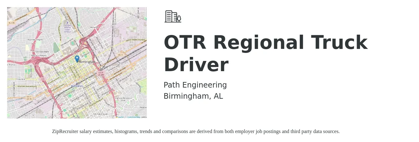 Path Engineering job posting for a OTR Regional Truck Driver in Birmingham, AL with a salary of $1,290 to $1,700 Weekly with a map of Birmingham location.