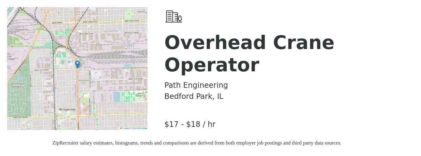Path Engineering job posting for a Overhead Crane Operator in Bedford Park, IL with a salary of $18 to $19 Hourly with a map of Bedford Park location.