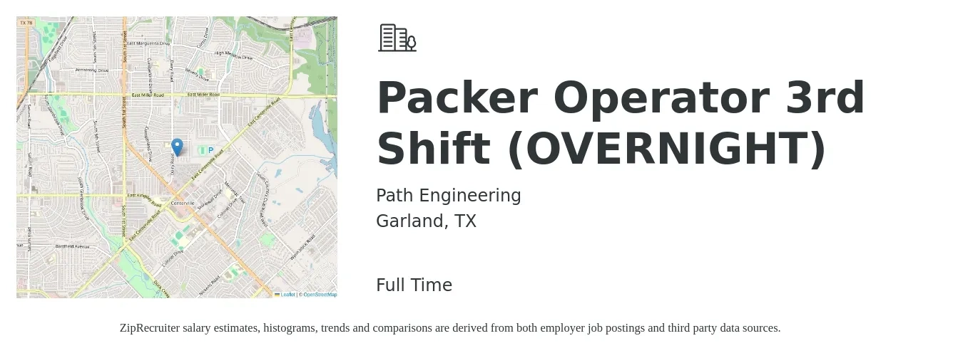 Path Engineering job posting for a Packer Operator 3rd Shift (OVERNIGHT) in Garland, TX with a salary of $16 to $20 Hourly with a map of Garland location.