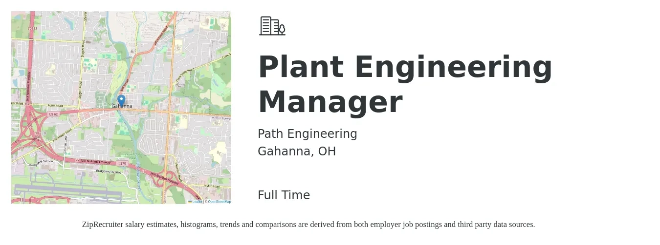 Path Engineering job posting for a Plant Engineering Manager in Gahanna, OH with a salary of $105,400 to $134,100 Yearly with a map of Gahanna location.