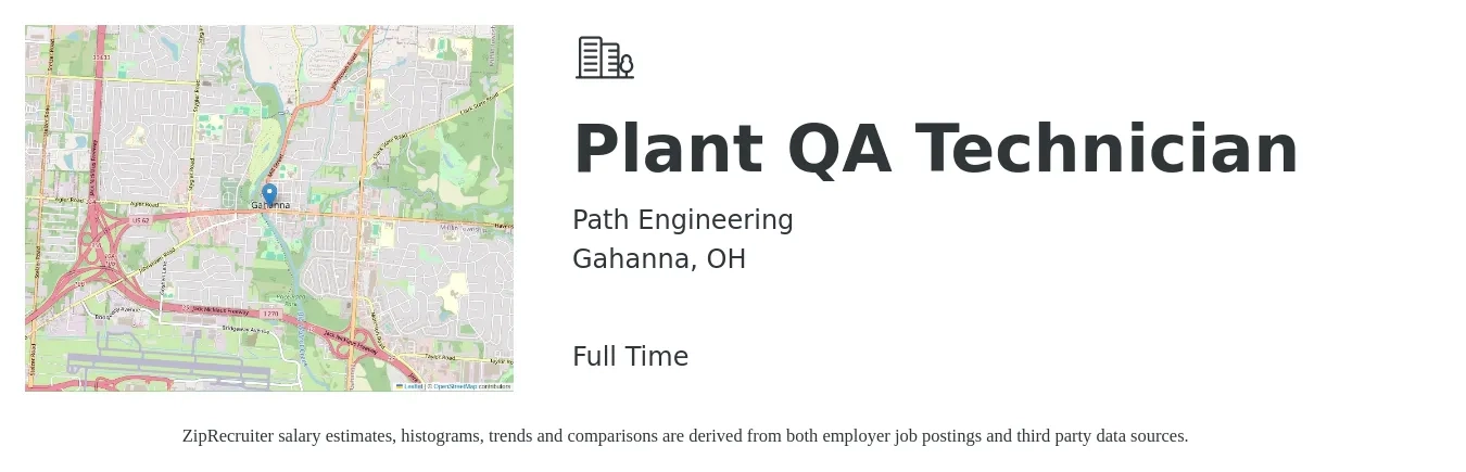 Path Engineering job posting for a Plant QA Technician in Gahanna, OH with a salary of $17 to $24 Hourly with a map of Gahanna location.
