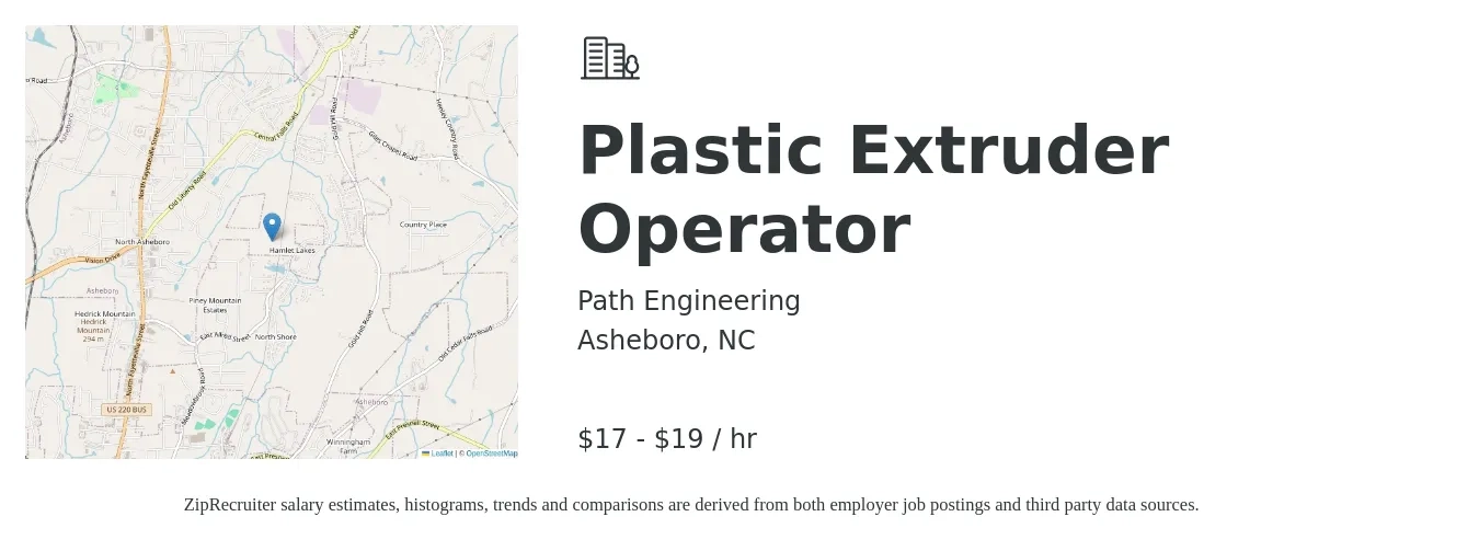 Path Engineering job posting for a Plastic Extruder Operator in Asheboro, NC with a salary of $18 to $25 Hourly with a map of Asheboro location.