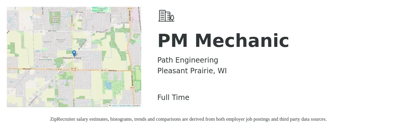 Path Engineering job posting for a PM Mechanic in Pleasant Prairie, WI with a salary of $87,700 to $118,700 Yearly with a map of Pleasant Prairie location.