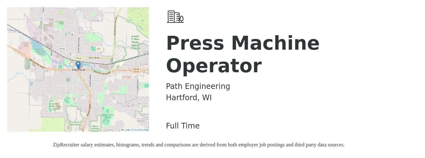 Path Engineering job posting for a Press Machine Operator in Hartford, WI with a salary of $18 to $24 Hourly with a map of Hartford location.