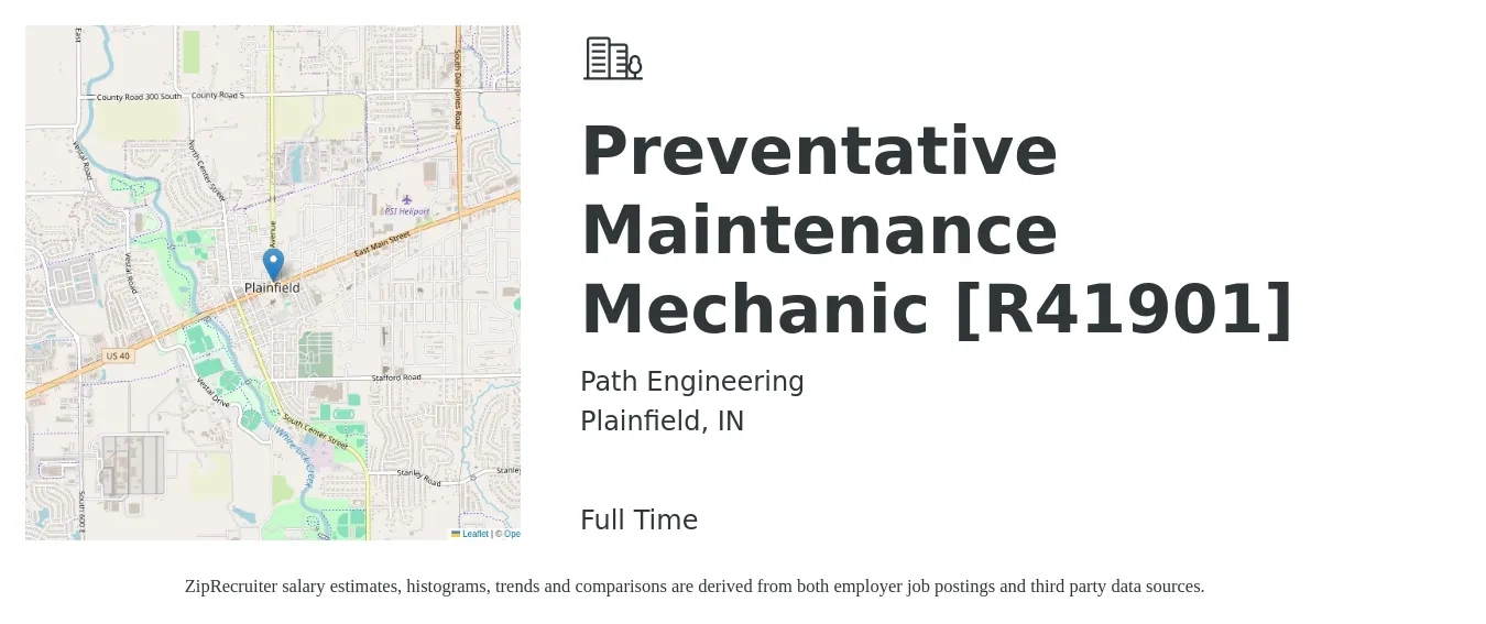 Path Engineering job posting for a Preventative Maintenance Mechanic [R41901] in Plainfield, IN with a salary of $19 to $27 Hourly with a map of Plainfield location.