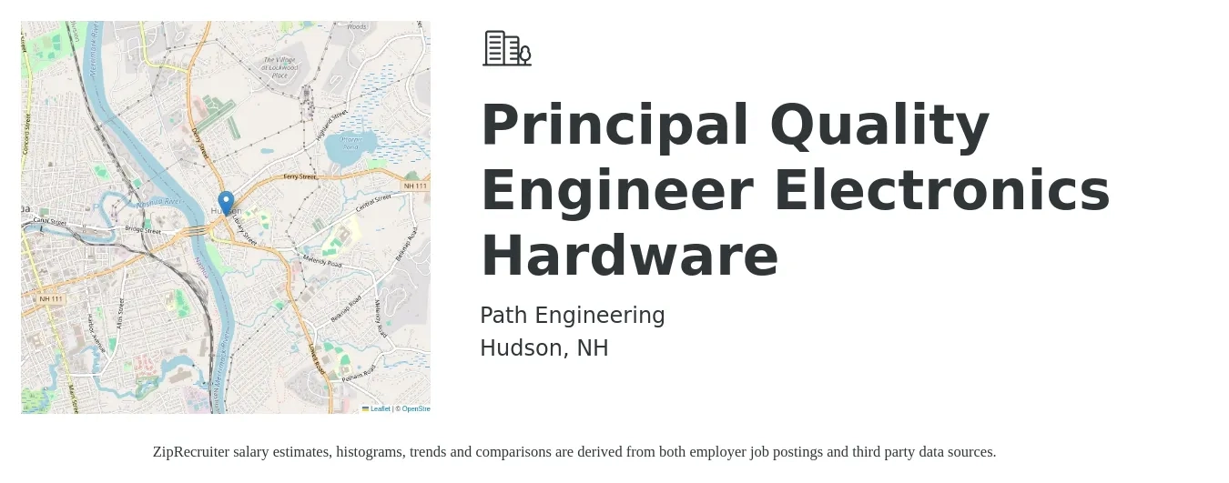 Path Engineering job posting for a Principal Quality Engineer - Electronics Hardware in Hudson, NH with a salary of $103,600 to $151,700 Yearly with a map of Hudson location.