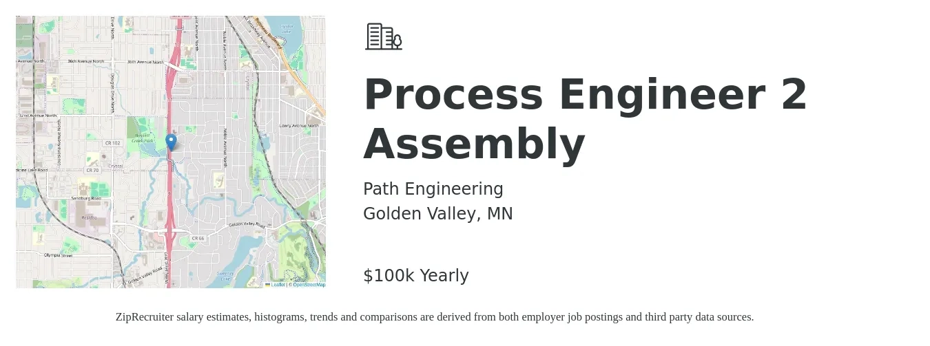 Path Engineering job posting for a Process Engineer 2 Assembly in Golden Valley, MN with a salary of $100,000 Yearly with a map of Golden Valley location.