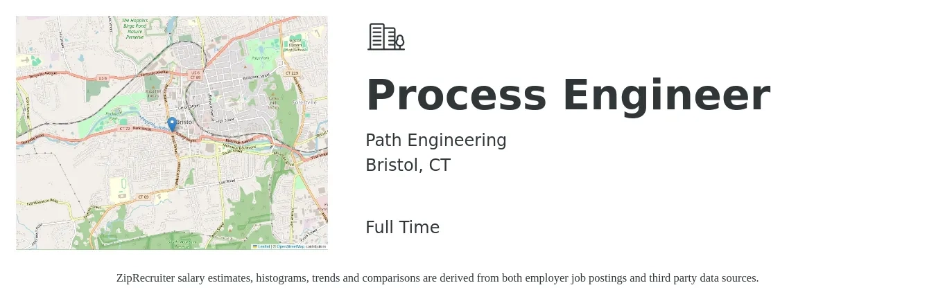 Path Engineering job posting for a Process Engineer in Bristol, CT with a salary of $70,000 to $90,000 Yearly with a map of Bristol location.
