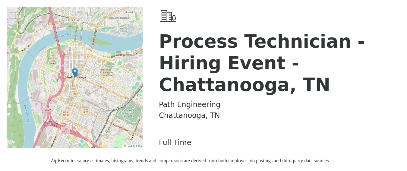 Path Engineering job posting for a Process Technician - Hiring Event - Chattanooga, TN in Chattanooga, TN with a salary of $19 to $27 Hourly with a map of Chattanooga location.