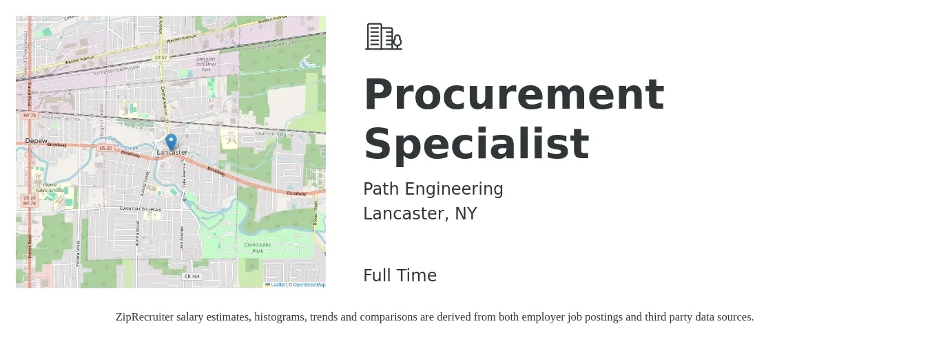Path Engineering job posting for a Procurement Specialist in Lancaster, NY with a salary of $20 to $24 Hourly with a map of Lancaster location.