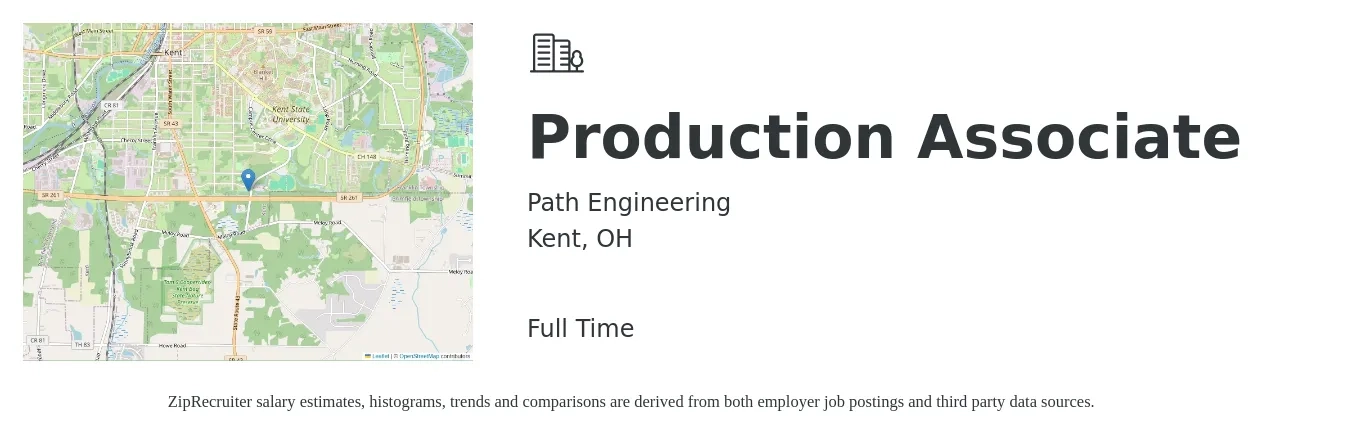 Path Engineering job posting for a Production Associate in Kent, OH with a salary of $20 to $25 Hourly with a map of Kent location.