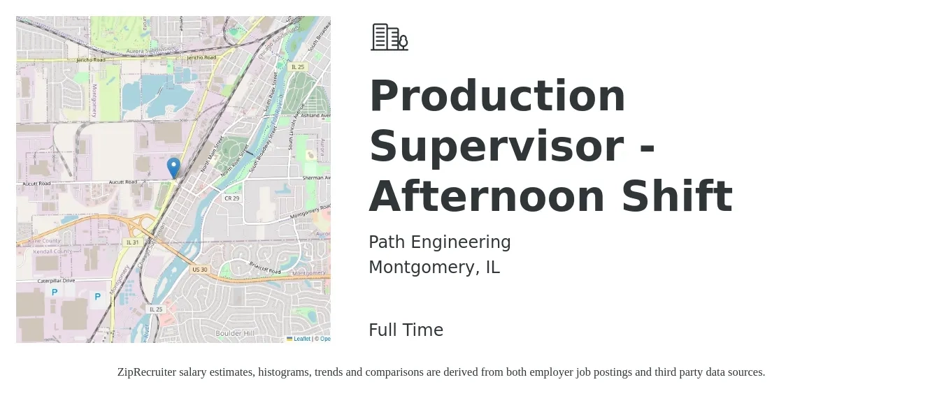 Path Engineering job posting for a Production Supervisor - Afternoon Shift in Montgomery, IL with a salary of $55,700 to $80,100 Yearly with a map of Montgomery location.