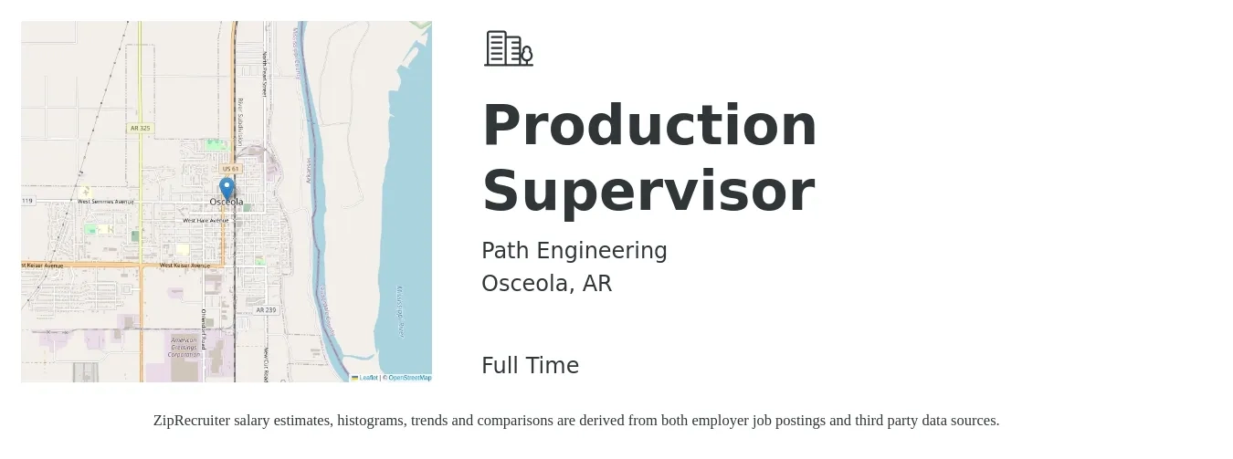 Path Engineering job posting for a Production Supervisor in Osceola, AR with a salary of $48,000 to $68,900 Yearly with a map of Osceola location.